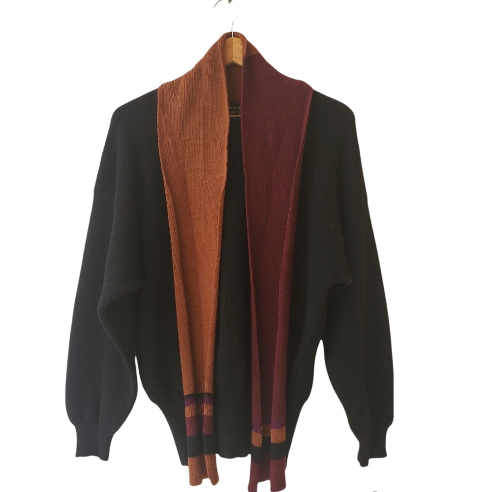 Vintage Black Wool Color Block Pull Over Style Unisex Sweater Attached Scarf L - Picture 1 of 11